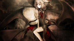 Wings dress hats white hair red eyes sitting bows barefoot 