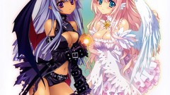 Wings dress horns angels pink hair long hair anime girls blue 