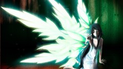 Wings dress sitting long hair barefoot anime girls green eyes 