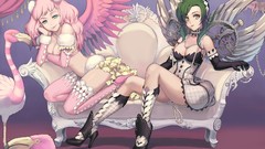 Wings dress stockings pink hair anime girls green eyes 