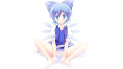 Wings dress white background sitting blush blue hair anime 