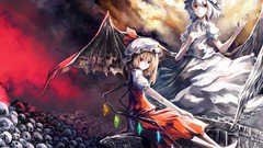 Wings dress white hair red eyes sitting skulls blondes anime 