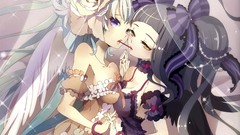 Wings dress white hair stripes anime girls blue eyes brunettes 