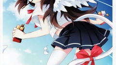 Wings eating anime girls blue eyes brunettes school uniforms 