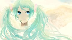 Wings faces long hair blue eyes headsets hatsune miku vocaloid 