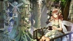Wings Fairies dress anime girls brown eyes forests original 
