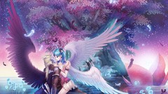 Wings feathers Anime angels blue hair anime girls