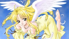 Wings feathers Anime dress blondes angels long hair barefoot 