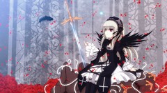 Wings feathers Anime dress red eyes Swords long hair anime 