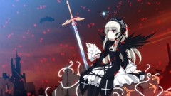 Wings feathers Anime dress red eyes Swords long hair anime 