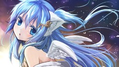 Wings feathers blue hair anime girls blue eyes open mouth 