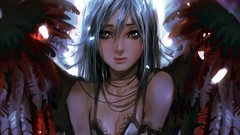 Wings feathers blush long hair gray eyes anime girls gray hair 