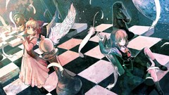Wings feathers chess red eyes Swords blondes anime girls touhou 
