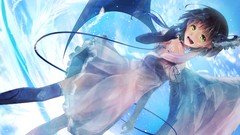 Wings feathers dress gloves anime girls green eyes black hair 