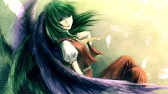 Wings feathers dress red dress long hair anime girls green eyes 