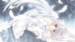 Wings feathers dress white hair angels long hair blue eyes 