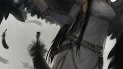 Wings feathers goddess anime girls white dress video games 