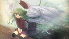 Wings feathers hats Bags long hair anime girls blue eyes green 