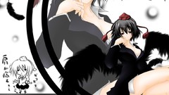 Wings feathers hats Chibi red eyes anime girls short hair 