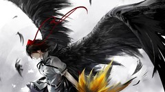 Wings feathers hats flying red eyes Ribbons skirts anime girls 