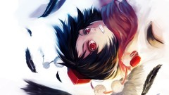 Wings feathers hats grin red eyes scarfs brunettes short hair 