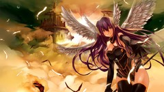 Wings feathers red eyes long hair anime girls purple hair thigh 