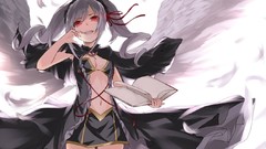 Wings feathers red eyes Ribbons long hair anime girls gray hair 