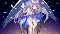 Wings feathers red eyes sitting barefoot anime girls bare 