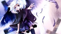 Wings feathers white hair skirts pink eyes anime girls blue 