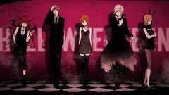 Wings glasses horns white hair red eyes suit long hair anime 