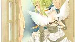 Wings gloves green eyes short hair vocaloid green hair Megpoid 