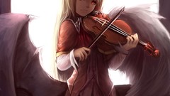 Wings glow dress red eyes blondes violins long hair anime girls 