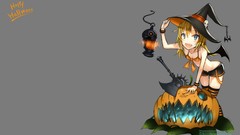 Wings gray background hats Halloween pumpkins blondes axe anime 