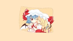 Wings hats Chibi red eyes blondes kissing blue hair anime girls 