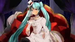 Wings hats sitting couch cups hatsune miku vocaloid twintails