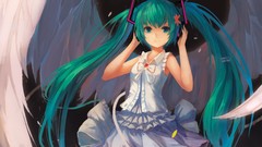 Wings headphones dress long hair green eyes white dress hatsune 