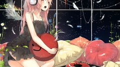 Wings headphones feathers turntables sitting pillows pink hair 