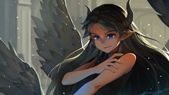 Wings horns anime girls blue eyes bare shoulders black hair 