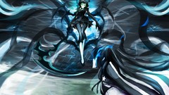 Wings horns anime girls blue eyes green eyes black rock shooter 