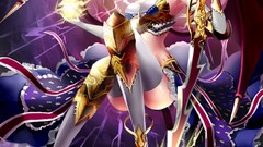 Wings horns armor stockings blondes long hair pink eyes anime 