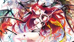 Wings horns long hair anime girls yellow eyes redheads hair 