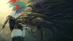 Wings horns red eyes green hair tails artwork