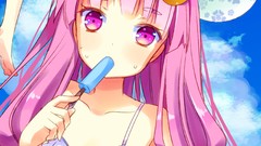 Wings ice cream flying red eyes crescent blush long hair anime 