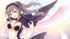 Wings navel blush long hair pink eyes anime girls gray hair 