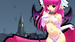 Wings pink hair anime girls demons bikini