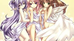 Wings pink hair long hair anime girls green eyes brunettes 