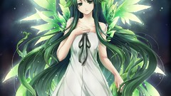 Wings Plants dress long hair anime girls green eyes green hair 