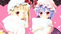 Wings red eyes blondes blush blue hair remilia scarlet wink 