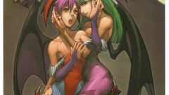 Wings red eyes pink hair green hair artwork Lilith capcom video 