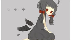 Wings red eyes Ribbons anime girls brunettes black dress 